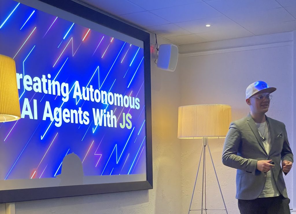 Jacob Bergdahl presenting creating Autonomous AI Agents With JavaScript