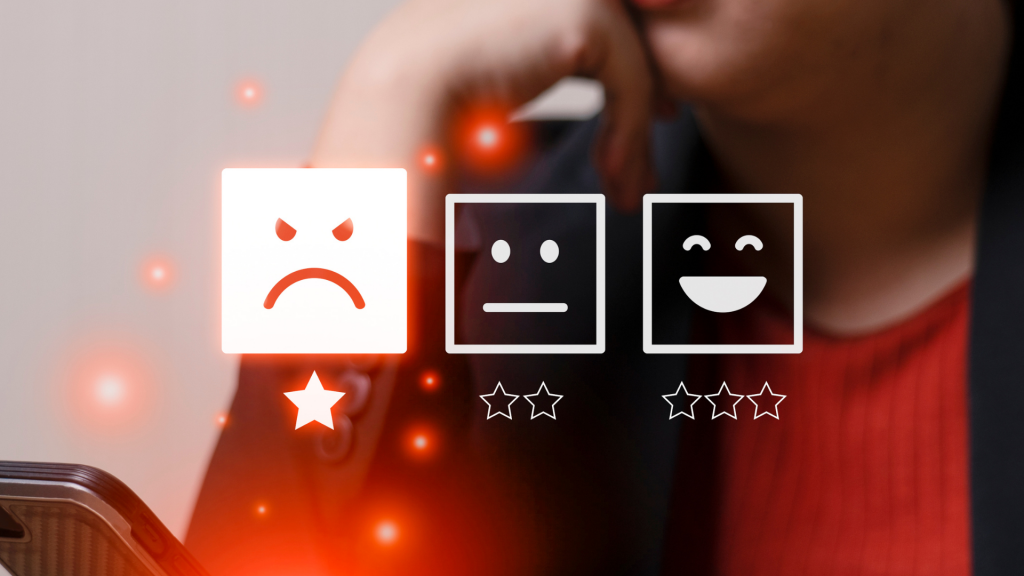 customer service rating icons one start to 3 stars with faces in squares above the faces. The 1 star un happy face is highlighted. 